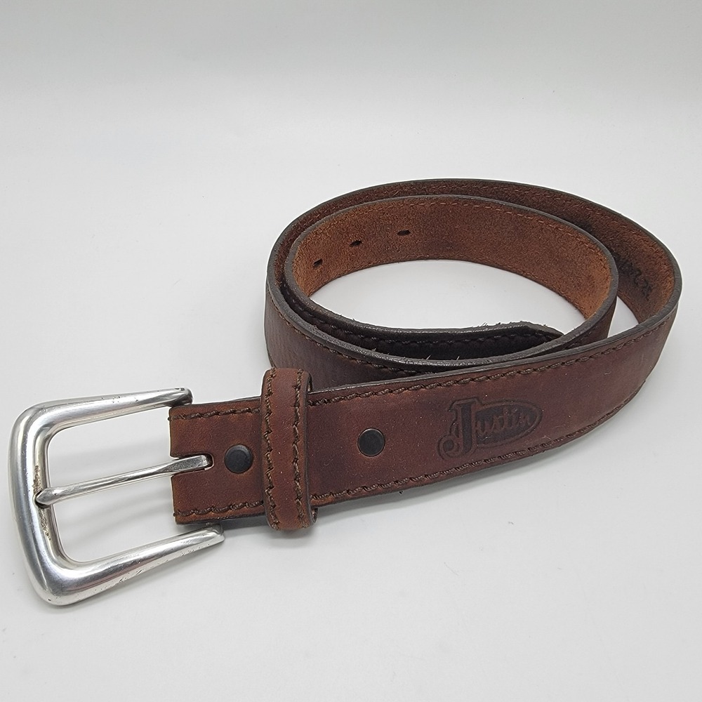 Justin Leather Belt Top Grain Cowhide Made In USA Size 32 W 247BD Silver Buckle
